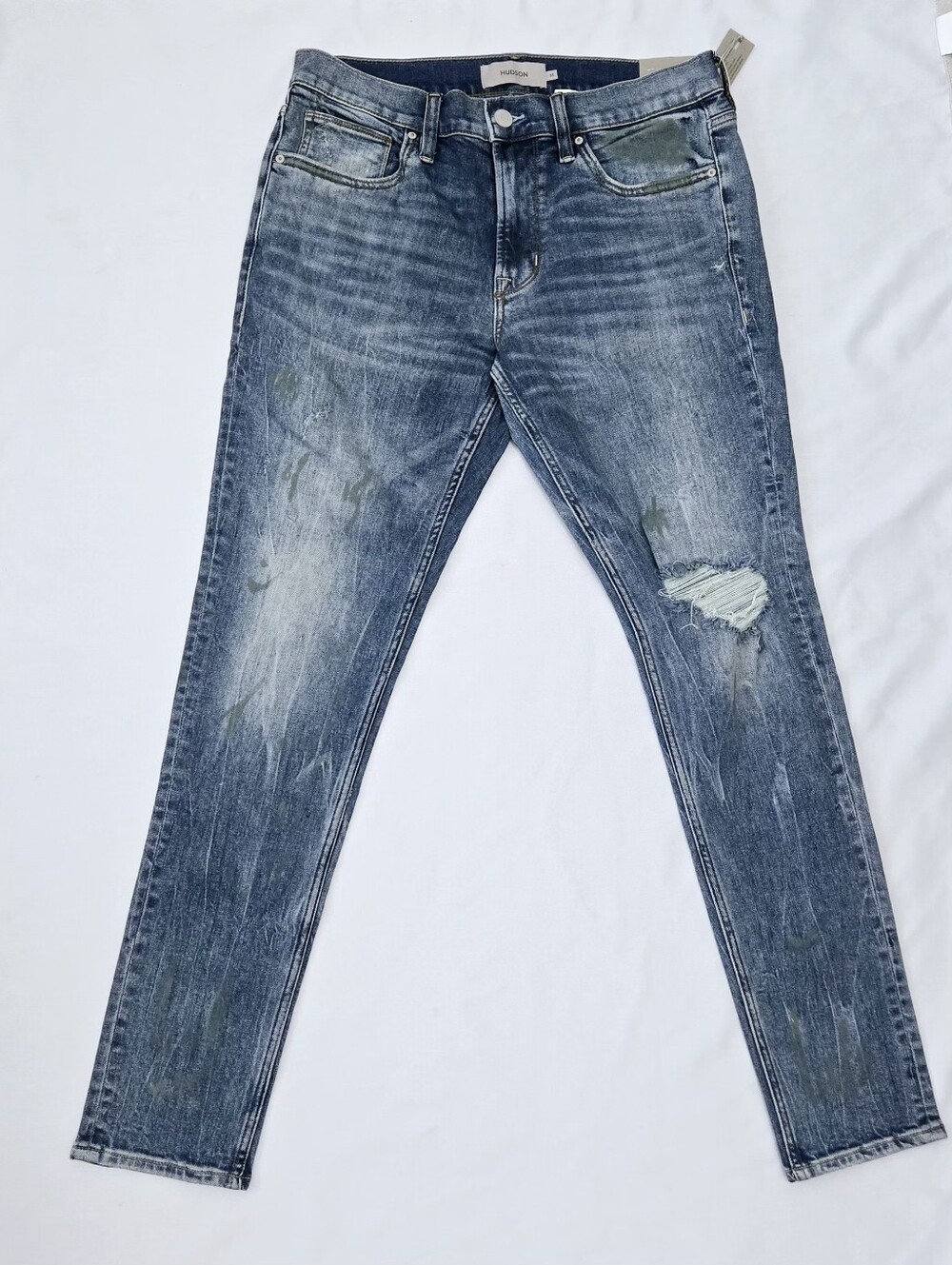 HUDSON Jeans Men's 34x33 Zack Mirage Distressed Skinny Jeans Blue Paint Splatter